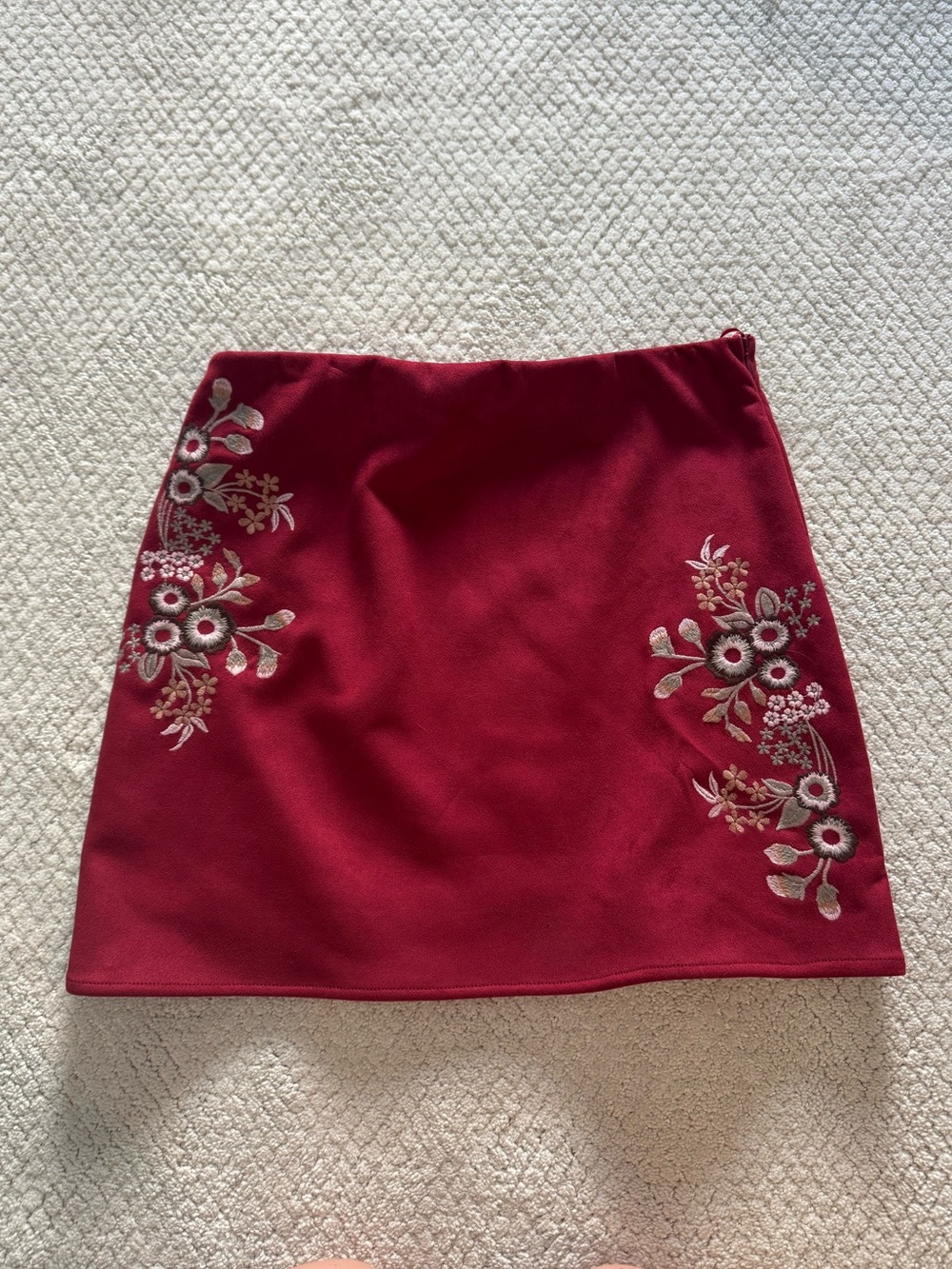 Burgundy Embroidered Mini Skirt
